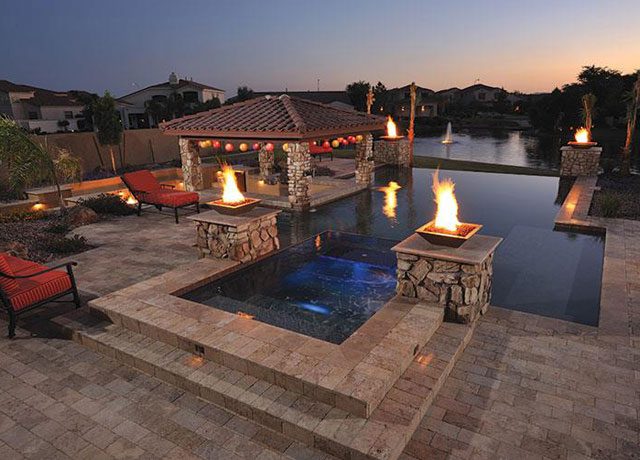 Custom Geometric Swimming Pool with Fire Features