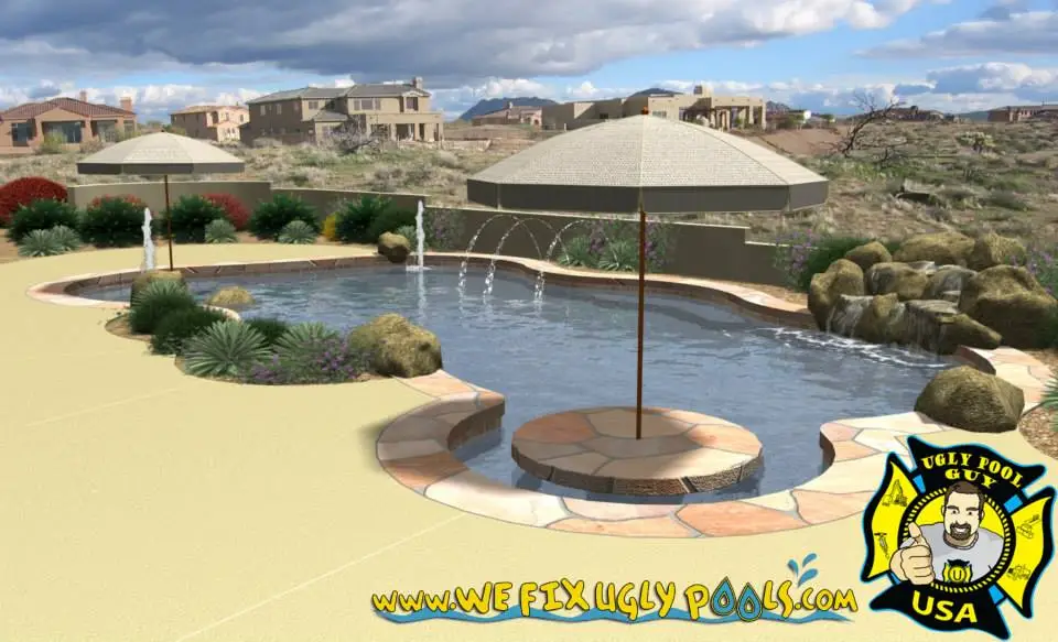 Swimming Pool with plants and rock waterfall