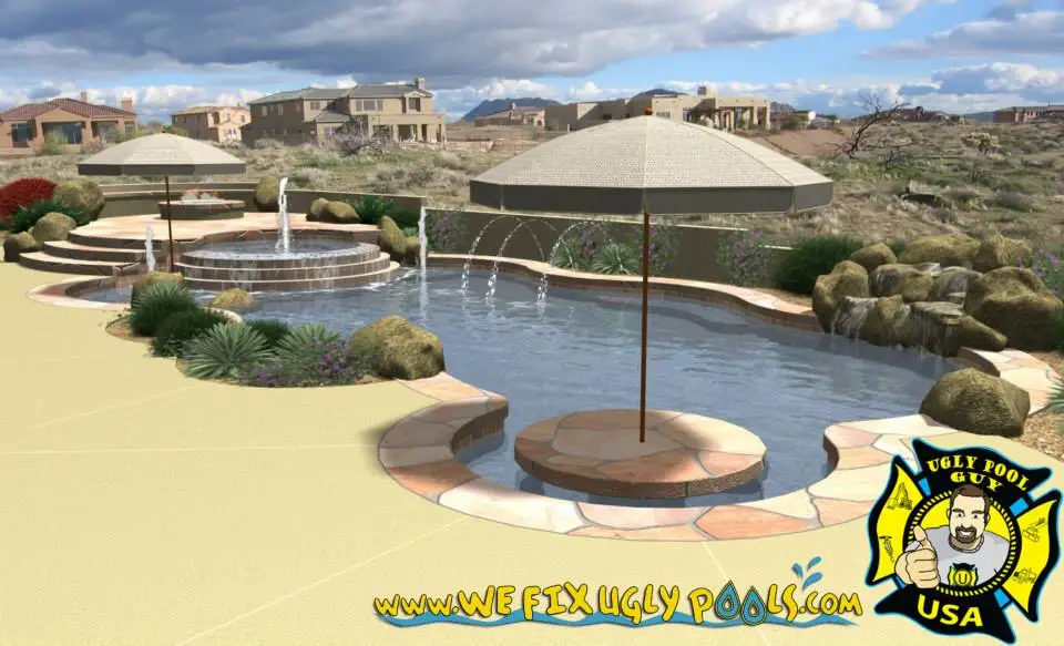 Swimming Pool with several features including a water fountain