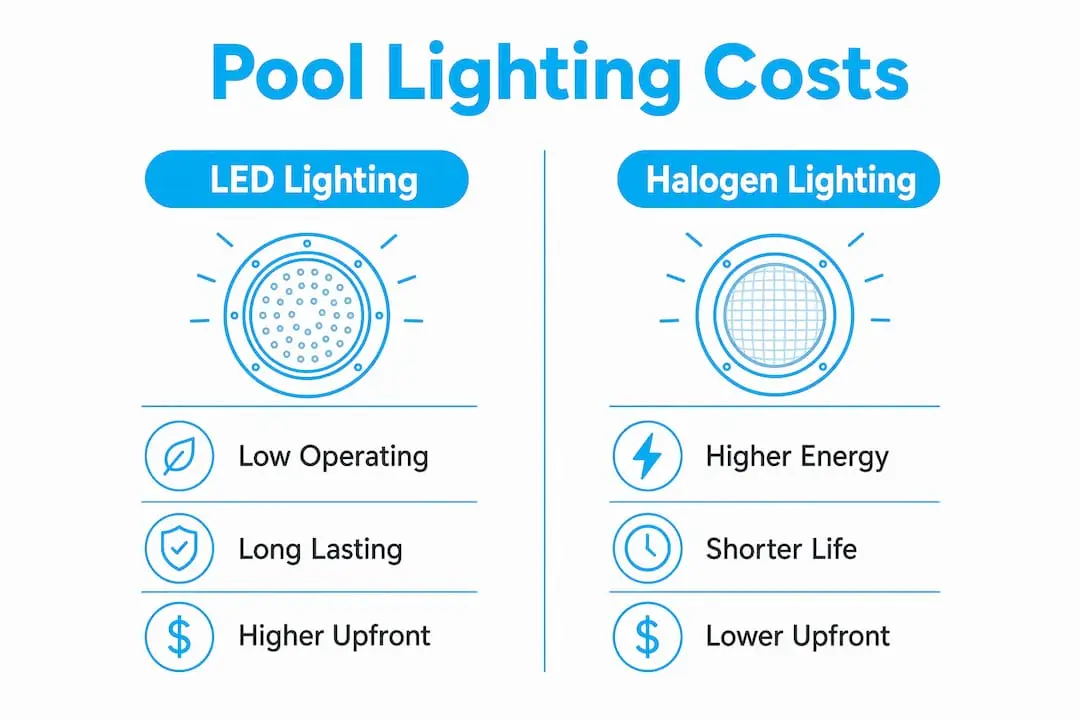 Infographic comparing LED and halogen pool lighting costs