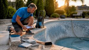 Man inspecting backyard pool during renovation