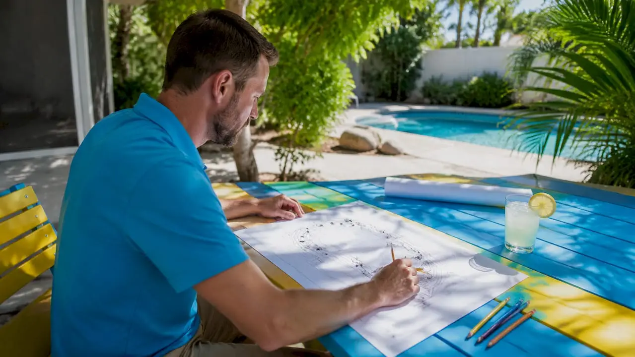Man sketching pool lighting plan outdoors