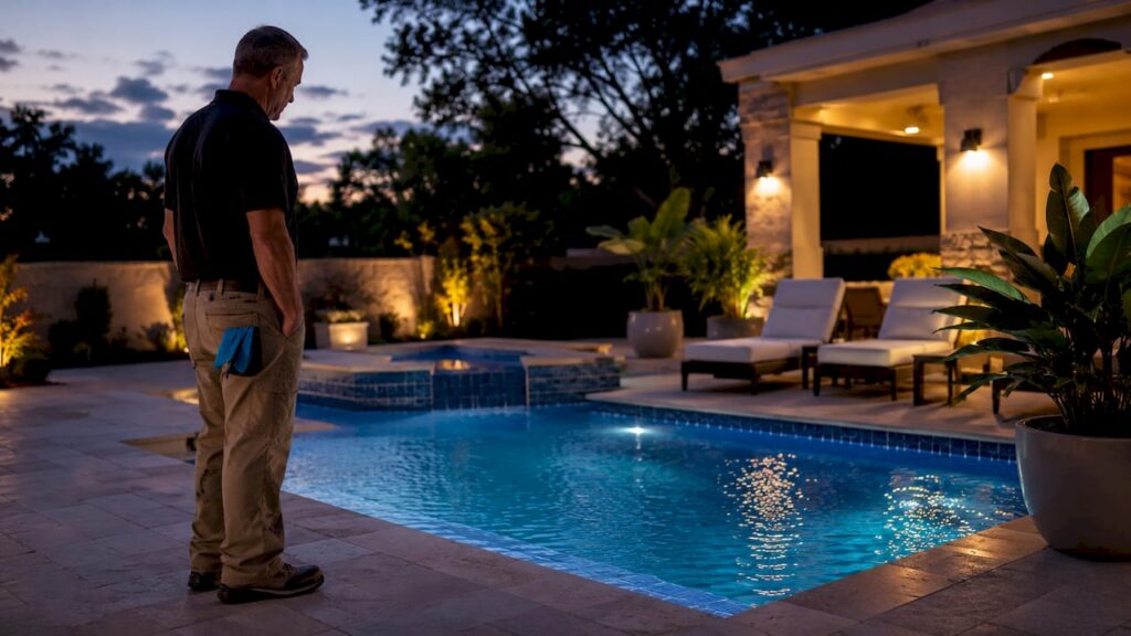 Pool contractor inspecting restored backyard pool