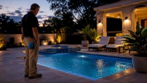 Pool contractor inspecting restored backyard pool