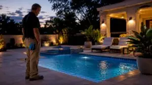 Pool contractor inspecting restored backyard pool