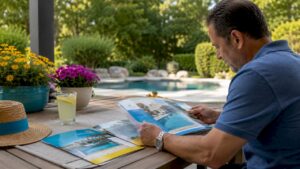 Homeowner reviewing pool service plan brochures