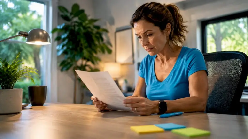 Homeowner reading pool service contract at table