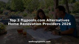 Homeowners reviewing pool renovation plans