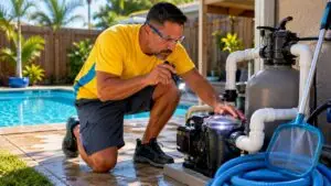 Man inspecting pool pump machinery outdoors