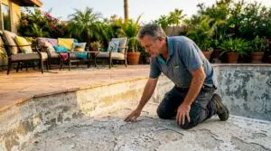 Man inspecting peeling pool finish in backyard