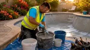 Technician draining pool for resurfacing in backyard