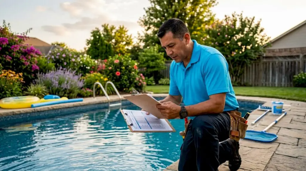 Pool technician reviewing pool service report beside pool