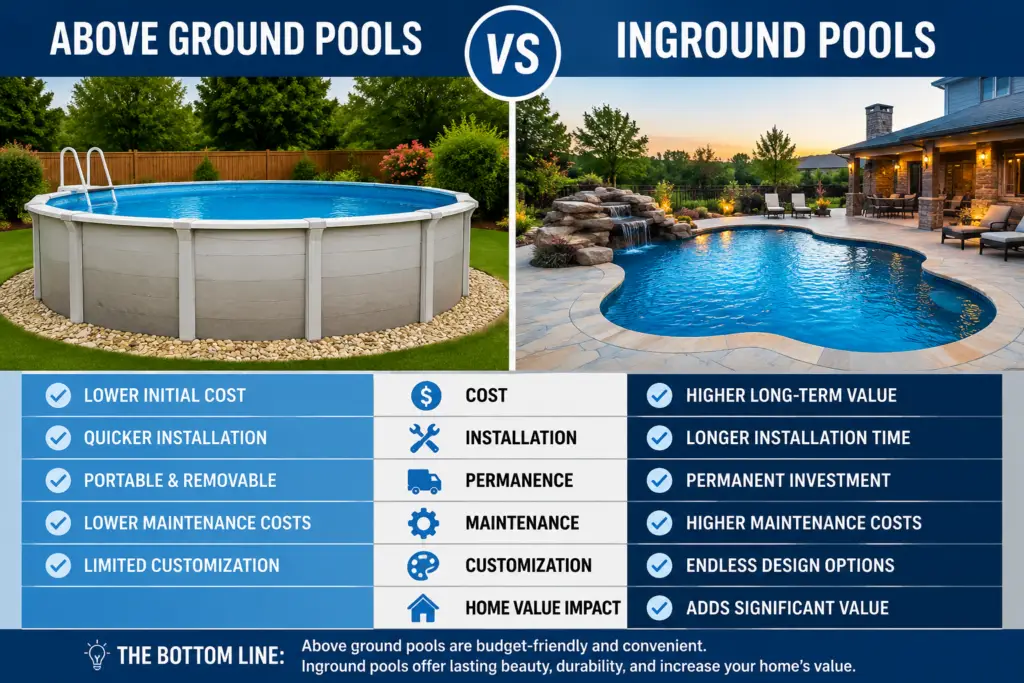Above-ground pools vs inground pools comparison showing costs, maintenance requirements, installation differences, and long-term home value.