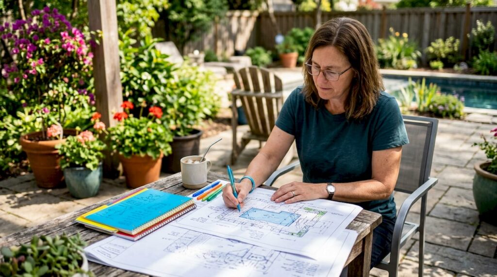 Homeowner reviewing pool construction blueprints
