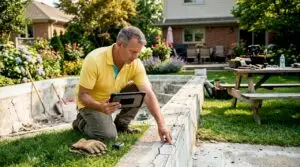 Man inspecting pool shell for cracks outdoors