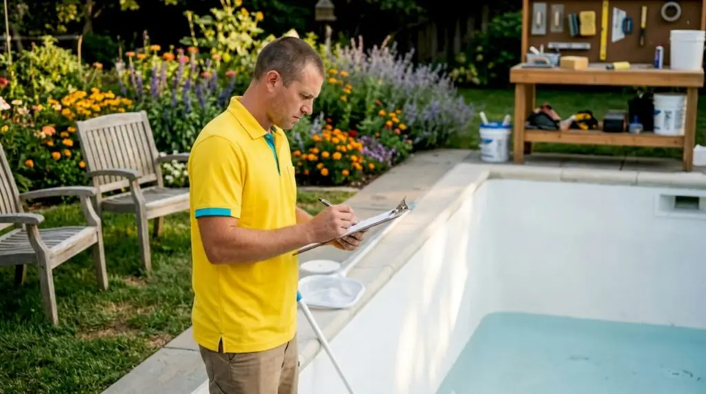 Pool restoration specialist inspecting new pool surface