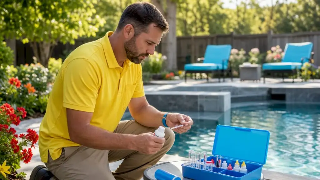 Technician testing pool water chemistry outdoors