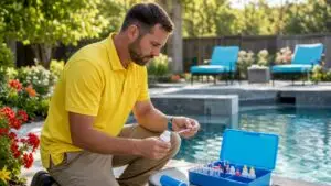 Technician testing pool water chemistry outdoors