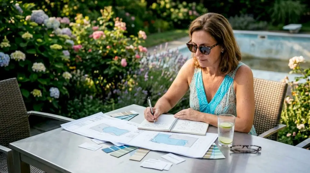 Homeowner reviewing pool renovation plans at kitchen table