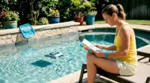Residential backyard pool with cleaning tools visible