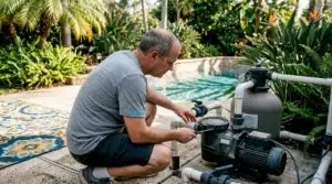 Homeowner inspecting pool pump outdoors