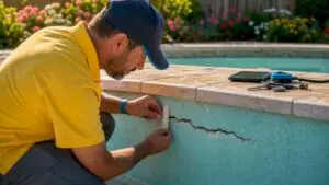 Inspector measuring pool plaster cracks