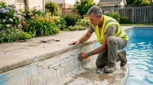 Pool contractor inspecting cracked pool surface