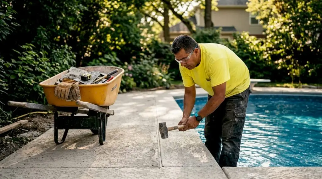 Worker removing old pool deck outdoors