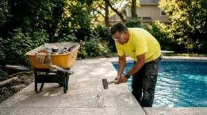 Worker removing old pool deck outdoors