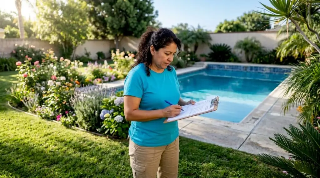 Homeowner inspecting backyard pool for renovation