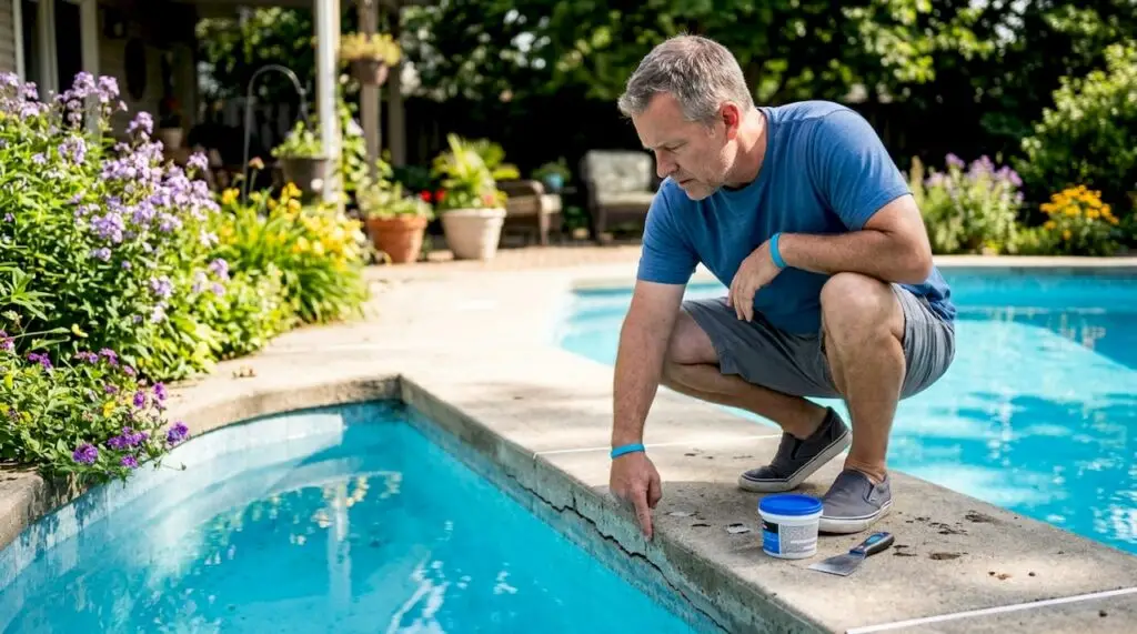 Homeowner inspecting cracked pool wall