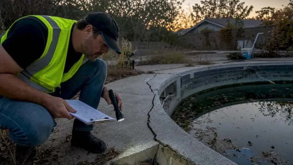 Contractor inspecting old pool structure