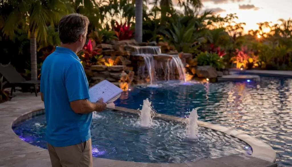 Homeowner beside pool with water features