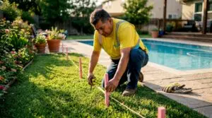 Man measuring backyard near pool for fence installation