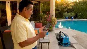 Man controlling pool automation via smartphone