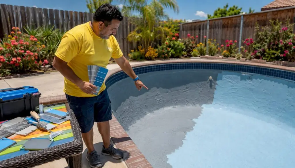 Man reviewing pool plastering alternatives by poolside