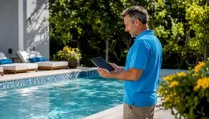 Homeowner checking smart pool controls tablet