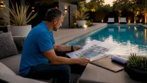 Landscape architect reviewing luxury pool blueprint