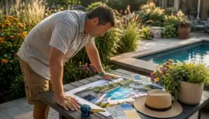 Homeowner reviewing 3D pool design outdoors