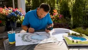 Pool designer reviewing pool site plans