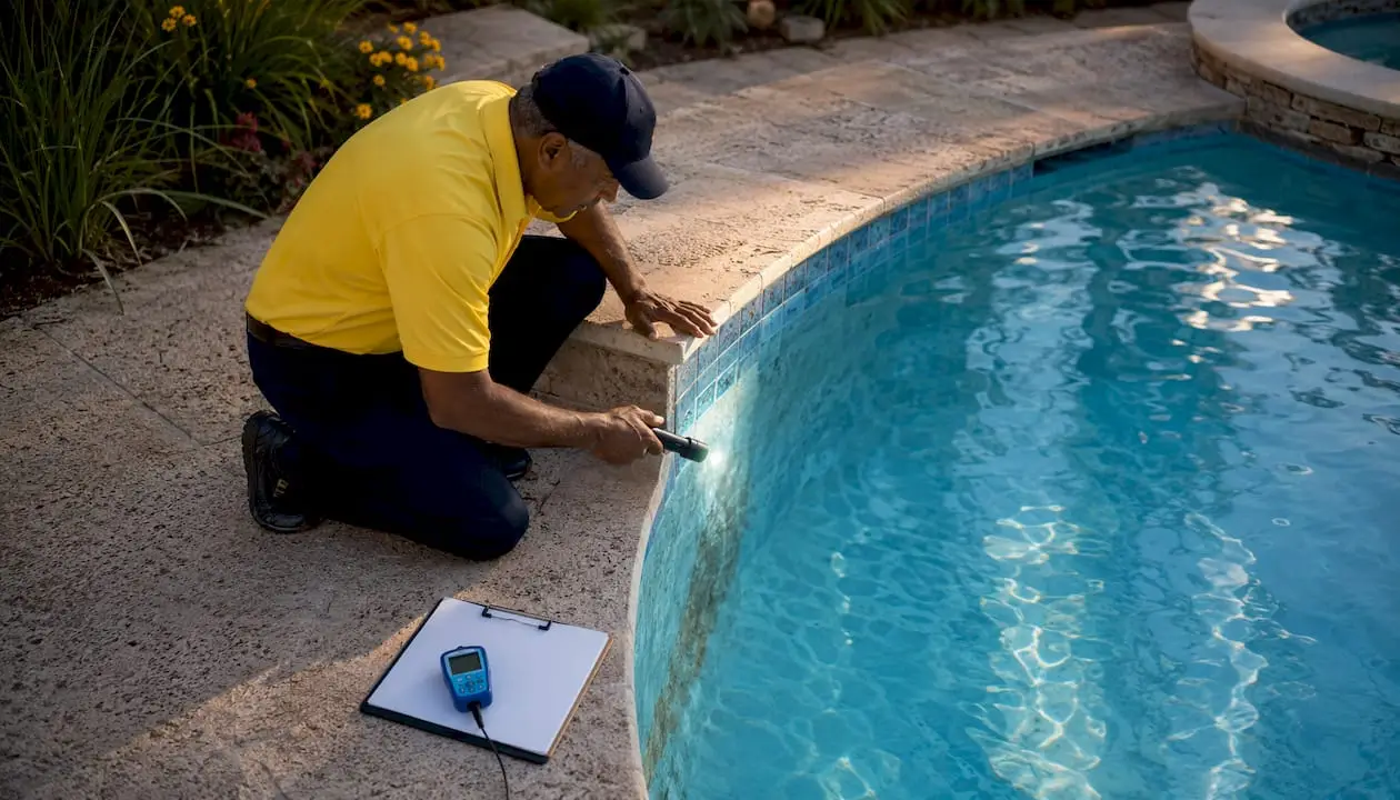 Pool inspector examining cracks in pool shell