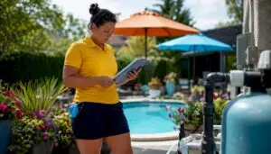 Pool professional reviewing certification near pool equipment
