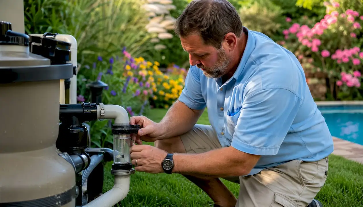 Certified pool operator inspecting pool equipment