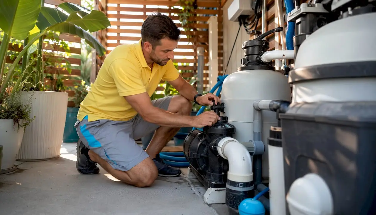 Technician adjusting pool filter and equipment