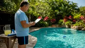 Homeowner reviewing pool maintenance checklist by pool