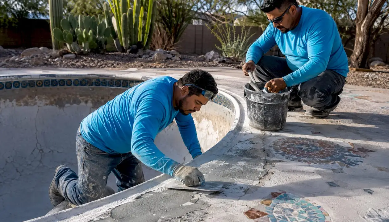 Workers repairing cracked residential pool