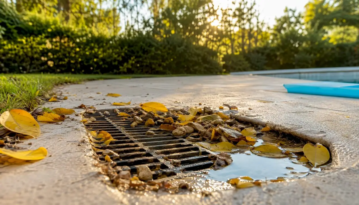Clogged pool deck surface drain with debris