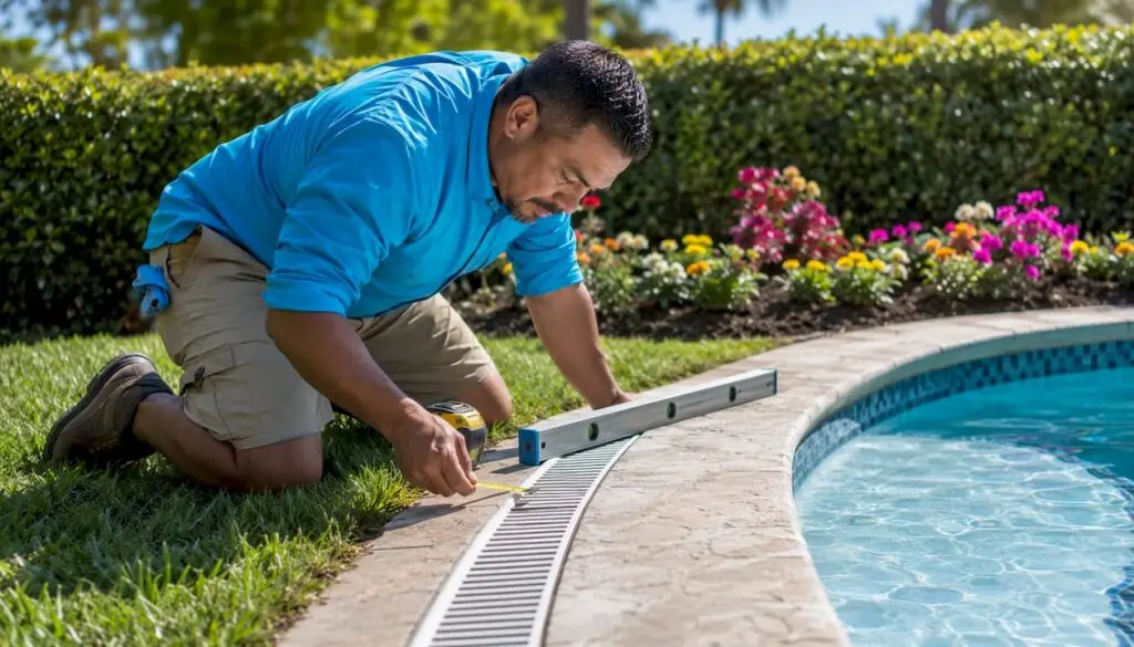 Homeowner measuring pool deck drainage slope