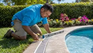 Homeowner measuring pool deck drainage slope