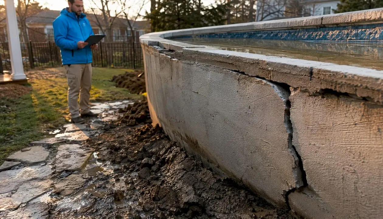 Cracked pool shell wall from groundwater pressure